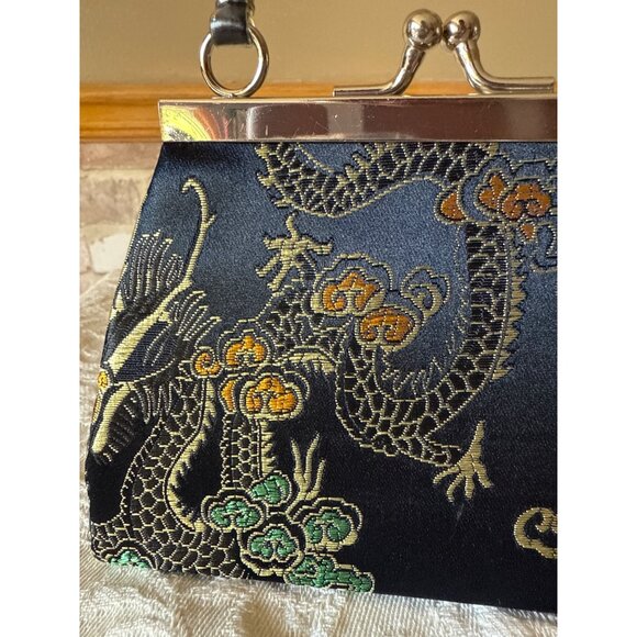 Mini Tiny Vintage Black Satin Brocade Evening Purse Metal Handle & Clasp Closure - Picture 8 of 16